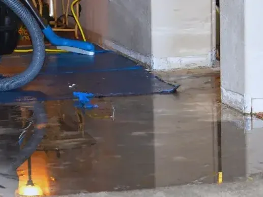 Extraction hose pulling standing water along a wall after a leak inside a home