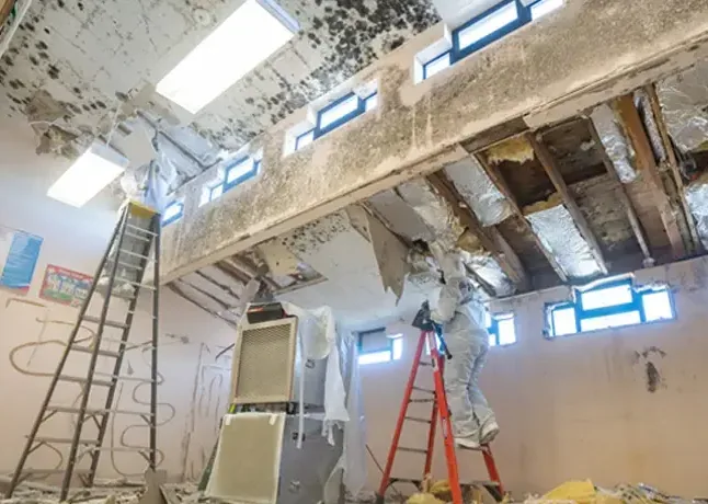 Ceiling opened up to the joists with ladders in place and a technician wearing protective gear