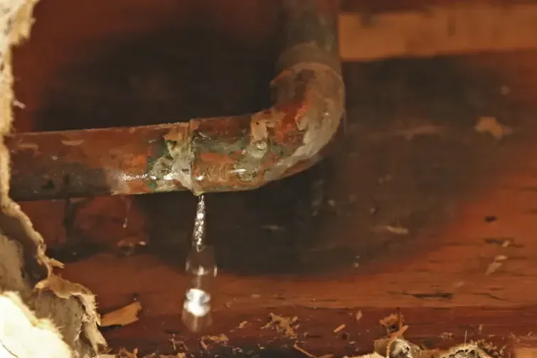 Copper pipe dripping water inside a wall that was cut open to reach the leak