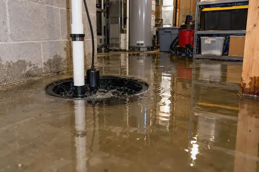 Water spread across a basement floor around the sump pit
