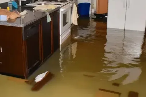 Storm water standing across a kitchen floor after a heavy downpour