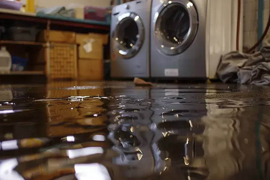 Standing water on a laundry room floor in front of a washer and dryer