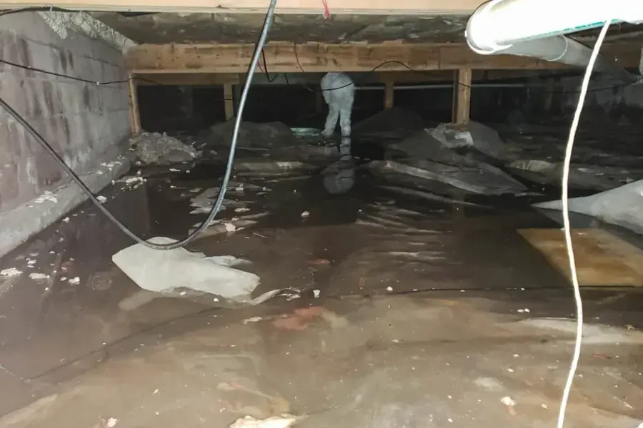Standing water pooled on the vapor barrier of a flooded crawl space