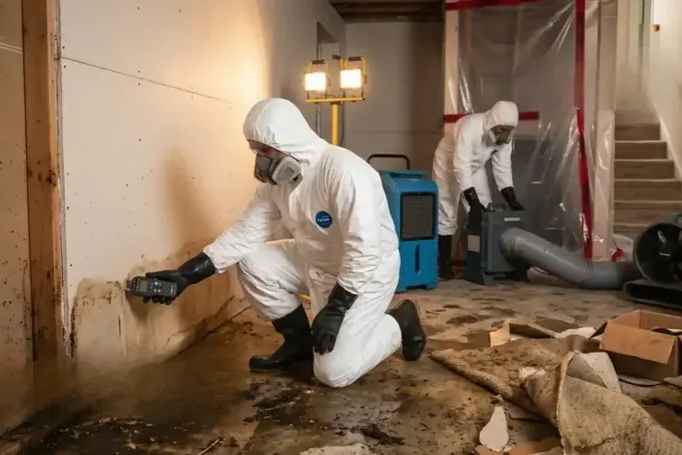 A technician in a protective suit cleaning up a sewage backup