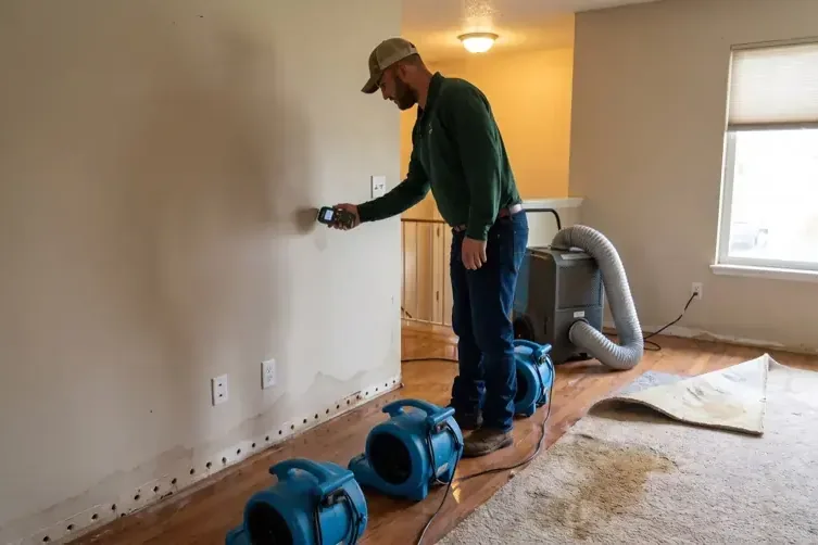 A technician checking a wall with a moisture meter beside running air movers