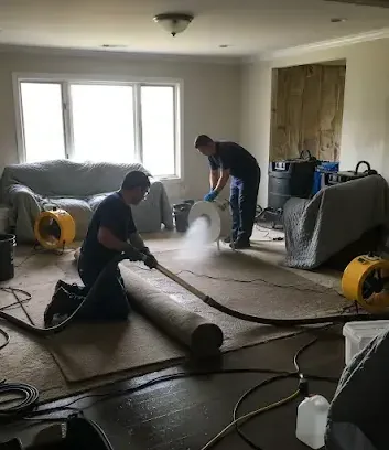 Technicians pulling water out of a carpet while air movers run in a living room