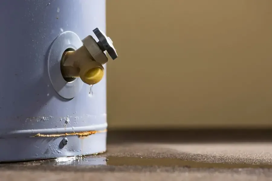 Water dripping from a water heater drain valve onto the floor